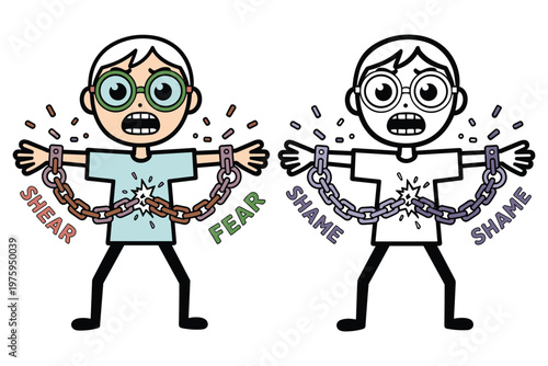 Man breaking free from chains of shear and fear, overcoming obstacles concept.