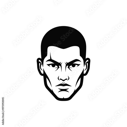 A black and white illustration of a man's face with a serious expression