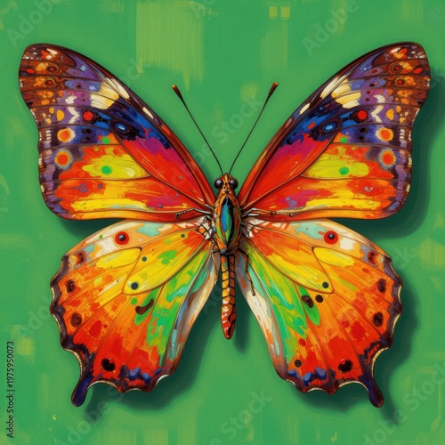 Vibrant Colorful Butterfly Illustration with Orange Red and Blue Wings Isolated on Green Background for Creative Design and Nature Themes