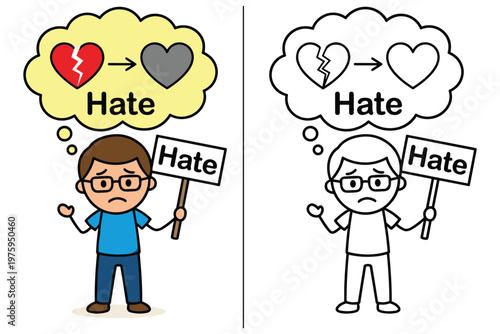 Man holding hate sign, thought bubble broken heart turning grey, matching color page.