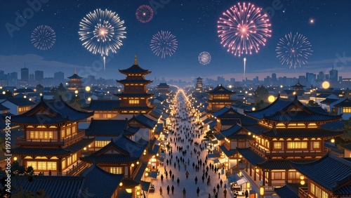 Vibrant Night Scene of a Bustling Traditional Chinese City with Illuminated Pagodas and Festive Fireworks Exploding in the Starry Sky Above