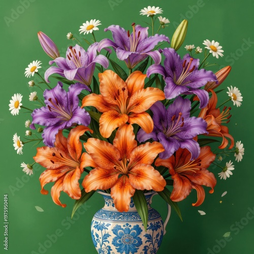 Vibrant Lilies in Purple and Orange with White Daisies Arranged in a Blue and White Patterned Vase Against a Solid Green Background