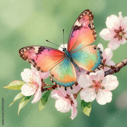 Vibrant Pink and Blue Butterfly Resting on Delicate White Cherry Blossoms with Soft Green Background, Ideal for Nature, Spring, and Floral Design Projects.