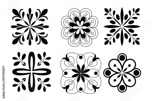 Hand-drawn decorative mandala elements set, featuring intricate circular patterns and ornamental designs, vector illustrations perfect for coloring books, spiritual artwork