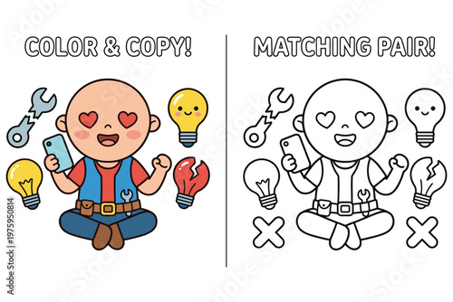 Man meditating with phone and lightbulbs, broken heart, color and copy matching pair.