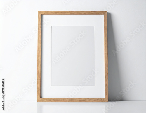 Wooden Picture Frame leaning against a wall, mock up isolated on white background, copy space