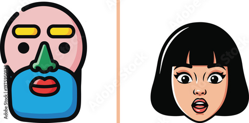 A vector character creator set featuring a pink demon boy with purple horns, alongside various facial parts including blue eyes, noses, and red mouths for building custom expressions.