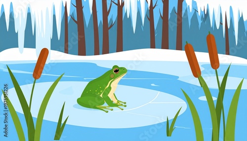 Green tree frog sitting on melting ice pond with spring reeds and thawing snow