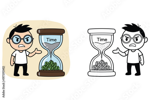 Man with an hourglass where sand represents time and money at the bottom, illustrating time is money.