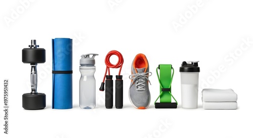 Fitness equipment and accessories arranged in a row on a white background for healthy lifestyle and exercise