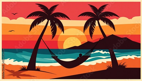 Vintage tropical beach hammock sunset with palm trees and ocean waves
