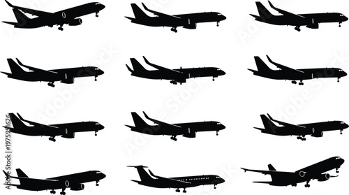 Airplane silhouette set landing takeoff commercial jet aircraft vector collection isolated on white background aviation travel transportation illustration design