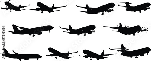 Airplane silhouette set, commercial aircraft takeoff landing poses black vector collection isolated on white background, aviation illustration design