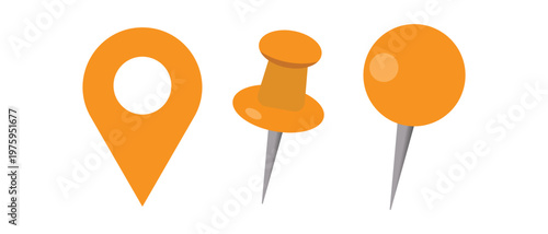 Set of Orange Map Pointer and Push Pin Icons