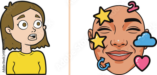 A vector illustration featuring a startled cartoon woman in a yellow shirt alongside a smiling person's face decorated with colorful floating icons like stars, a heart, a cloud, and a refresh symbol.