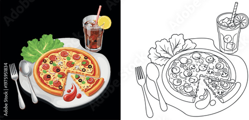 pizza with slice vector illustration hand drawn clipart and lineart