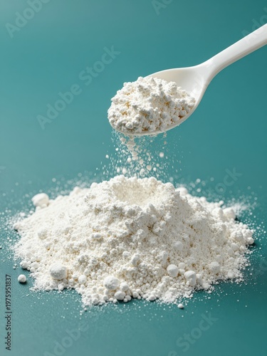 White Flour Pile With Spoon Pouring Powder Against Teal Background