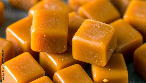 caramel cubes resting on a dark surface. Ai