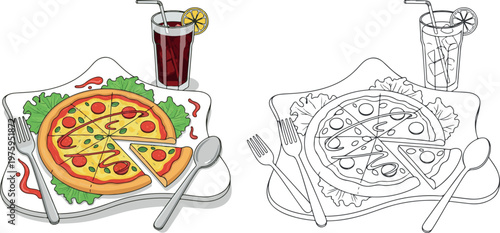 pizza with slice vector illustration hand drawn clipart and lineart