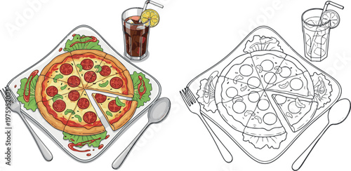 pizza with slice vector illustration hand drawn clipart and lineart