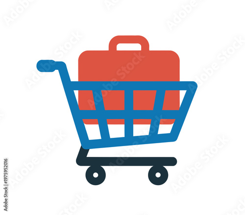 Shopping cart with red items inside, flat vector illustration representing online shopping, e-commerce, retail, and consumer purchase concepts for digital and marketing design projects.