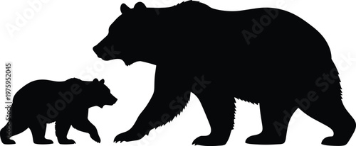 Bear silhouette set, wild animal adult and cub black vector collection isolated on white background, forest wildlife illustration design