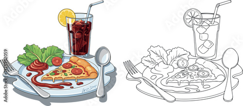 pizza with slice vector illustration hand drawn clipart and lineart