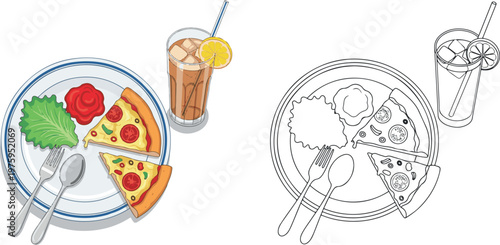pizza with slice vector illustration hand drawn clipart and lineart