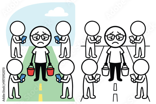 People ignore sad man with buckets on road, concept of social network addiction.