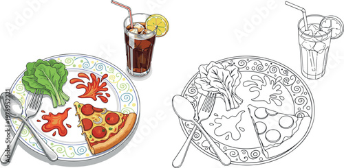 pizza with slice vector illustration hand drawn clipart and lineart