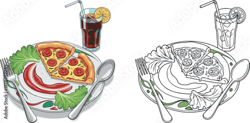pizza with slice vector illustration hand drawn clipart and lineart