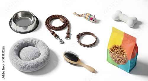 A collection of dog accessories on a white background including a dog bowl, leash, collar, toy, bone, food, brush, and bed