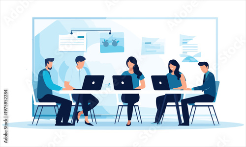 Business communication concept. Group of employees discussing idea at table. Brainstorming and company development, directors council or analytical department. Cartoon flat vector illustration