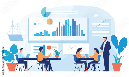 Business communication concept. Group of employees discussing idea at table. Brainstorming and company development, directors council or analytical department. Cartoon flat vector illustration