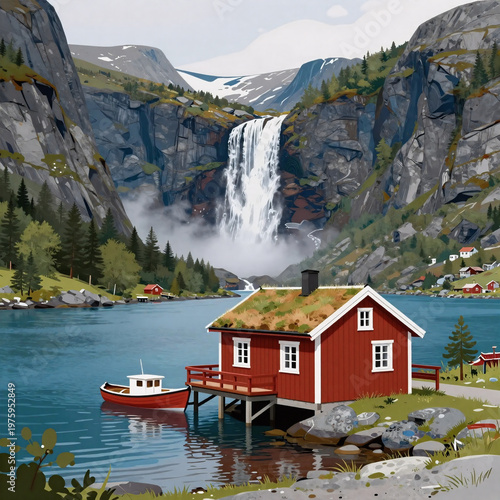 Graffiti Boat House. Traditional Norwegian Fjord Landscape Flat Illustration: Red Wooden Cabin, Small Boat At Dock, Majestic Mountains, Waterfall, Pine Forest