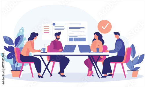 Business communication concept. Group of employees discussing idea at table. Brainstorming and company development, directors council or analytical department. Cartoon flat vector illustration