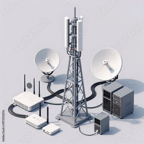 Ukiyo-E Server Objects. Set Of Communication Technology Objects, Represented In Isometric Style With Cell Tower, Satellite Router, Cable, And Server