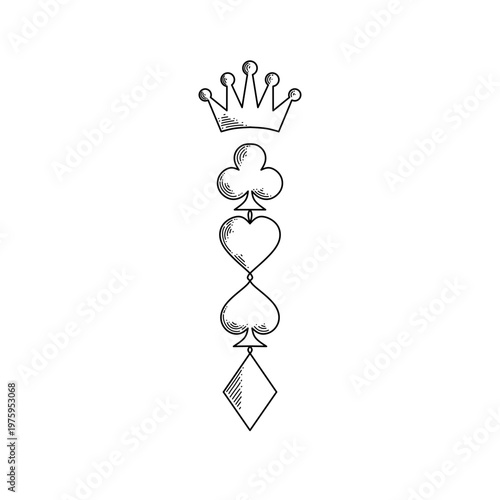 hand drawn playing card suits with crown line art vector illustration