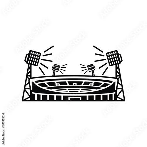 A black and white illustration of a sports stadium with floodlights