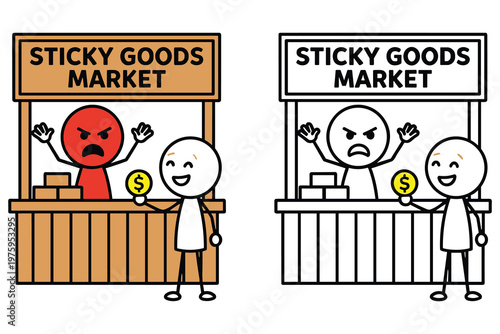 Sticky goods market stall with seller and buyer characters, color and coloring page.