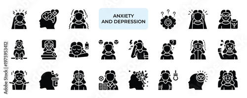 Anxiety and Depression Icon set Collection in Solid Glyph Style. stress, mental, sadness, fear, dementia, panic, psychology, trauma