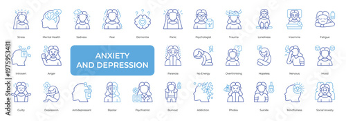 Anxiety and Depression Icon set Collection in Line Two Color Style. stress, mental, sadness, fear, dementia, panic, psychology, trauma