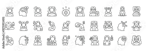 Anxiety and Depression Icon set Collection in Line Style. stress, mental, sadness, fear, dementia, panic, psychology, trauma
