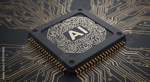 A computer chip with a brain design and the letters ai on it sitting on a circuit board with gold connections and pathways