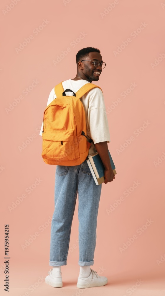 Fototapeta premium Casual Student with Backpack, Looking to Side