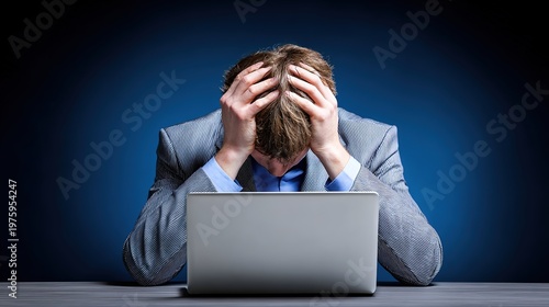 Overwhelmed by Deadline: A professional, shoulders slumped in a posture of despair, faces the weight of a looming deadline and the pressure that it brings.