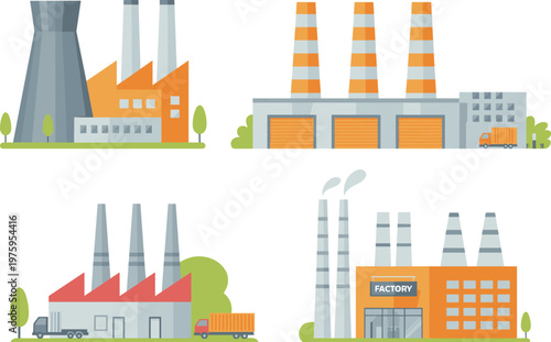 Factory building illustration set, industrial plants with chimneys warehouses flat vector collection isolated on white background, manufacturing industry design