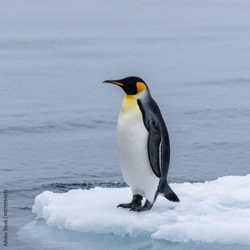 Fototapeta premium Art Nouveau Ocean Alone. Lonely Penguin Stands On Ice Block, Gazing At The Serene Blue Ocean With A Sense Of Peace And Solitude In Nature