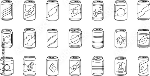 Black and White Line Art Beverage Cans Collection. Hand-drawn Food  Drink Packaging Outline Illustrations. Diverse Soda, Juice  Beer Containers.