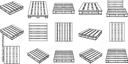 Black and White Line Art Vector Collection of Wooden Shipping Pallets in Various Angles